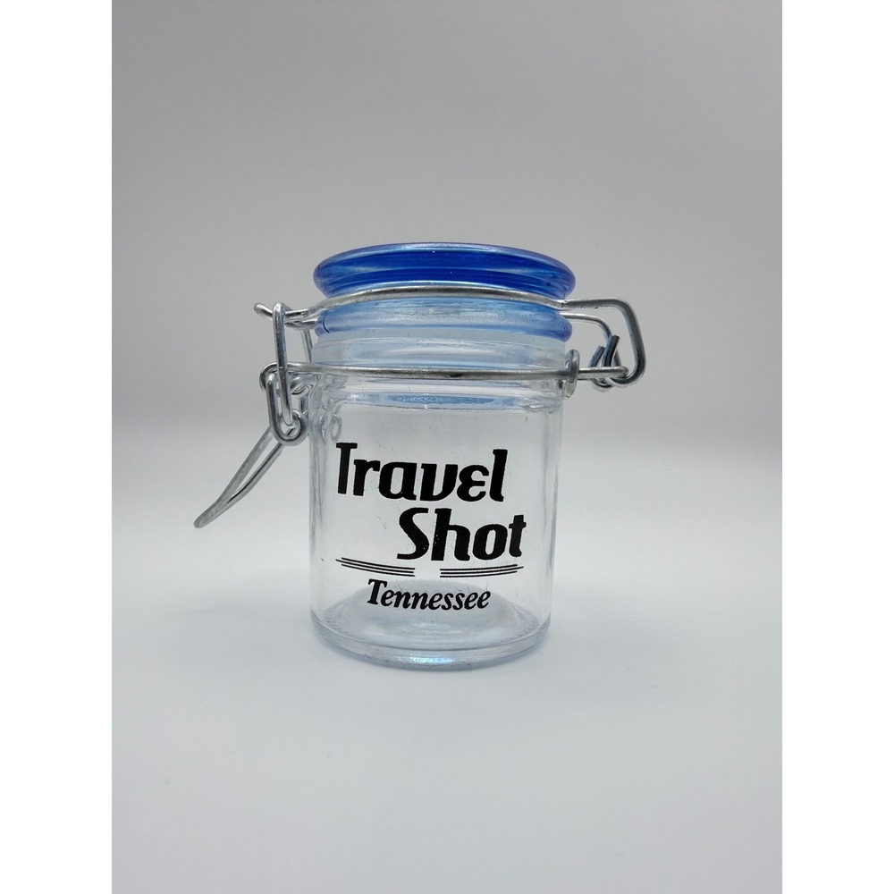 Tennessee Travel Shot Glass Miniature Mason Jar Blue Flip Top Lid Souvenir Clear